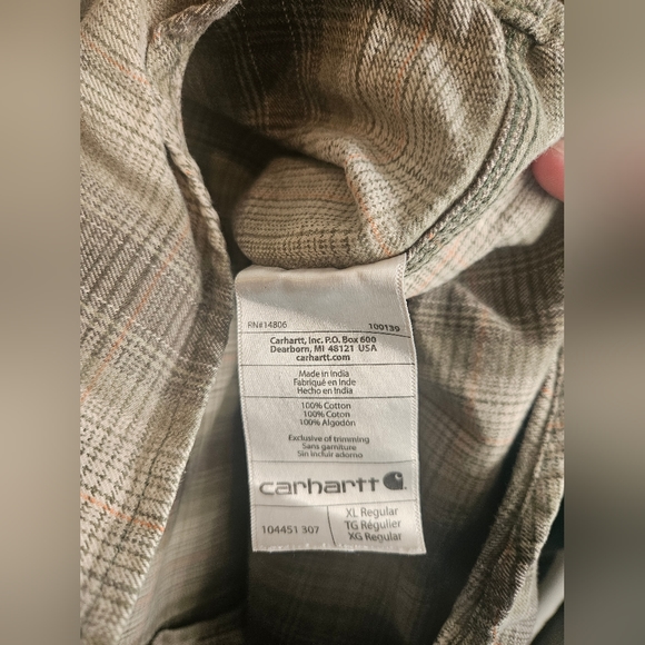 Carhartt Men's Flannel XL Shirt Button Front Heavyweight Green and Tan - Picture 6 of 9